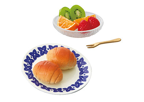 Puchi Sample Light Today's breakfast Re-ment Blind Box Series featuring a plate with buns and a bowl of assorted fruits, capturing a miniature meal scene.