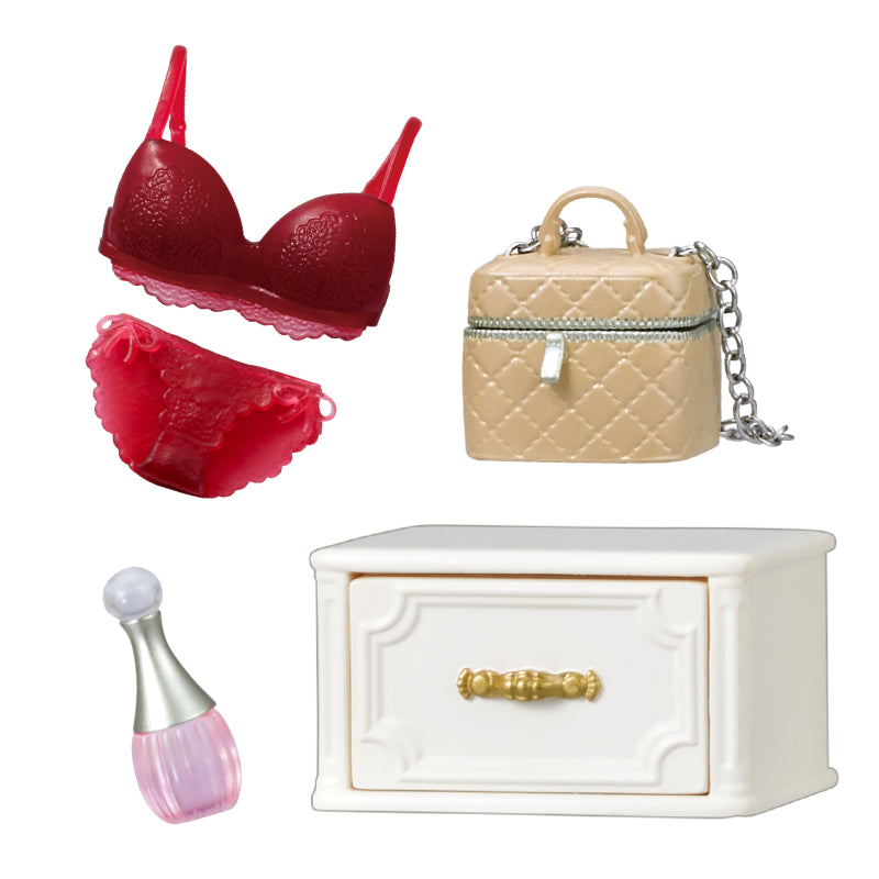 My Sweet Closet Re-ment Blind Box Series featuring dollhouse-scale lingerie, handbag, bedside cabinet, and perfume bottle, with 8 collectible designs available.