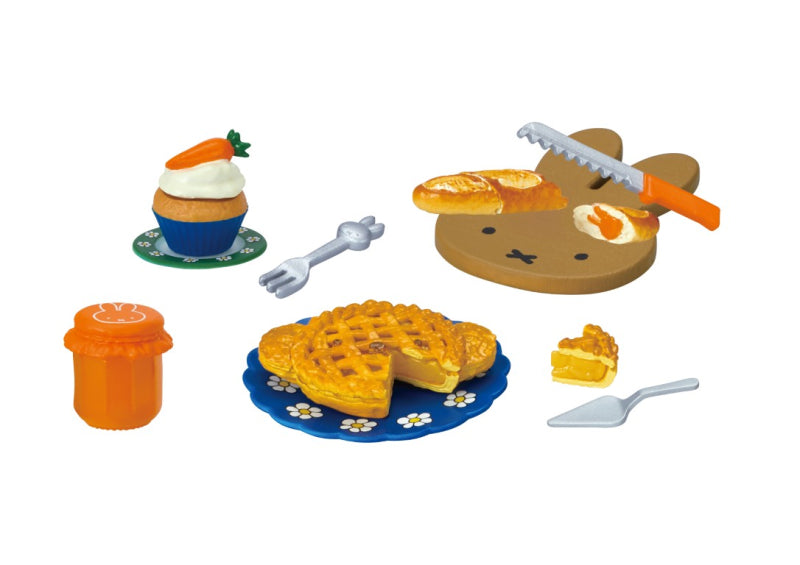 Picnic with Miffy Re-ment Blind Box Series featuring a cupcake with carrot, rabbit-themed jar, and pie, showcasing intricate toy designs.
