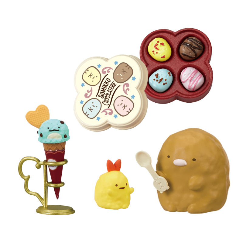SUMIKKO CHOCOLATERIE Re-ment Blind Box Series featuring Tori and Tonkatsu with chocolates and ice cream, part of an 8-design mini figure set.