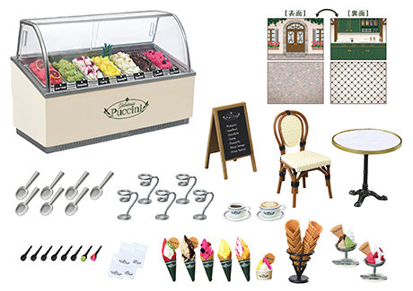 Re-Ment Gelateria Puccini: Miniature gelato café setup featuring display freezer, utensils, cones, café furniture, and décor, ideal for dioramas or dollhouses.