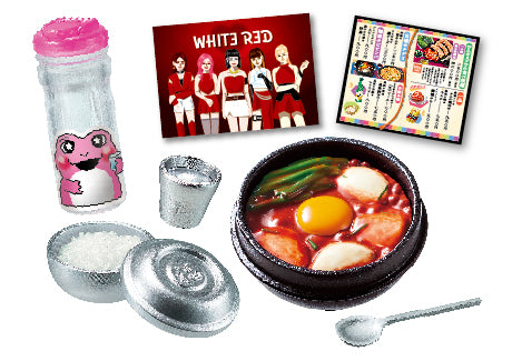 Neon and Romance: A Night at Korean Food Stalls Re-ment Blind Box Series featuring kimchi jjigae, rice, soju cup, flavored milk, and a pop group poster.