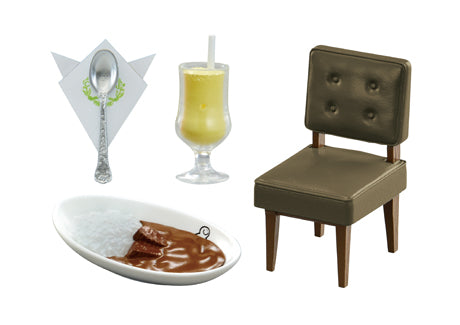 Marufuku Coffee Shop Re-ment Blind Box Series showcasing a spoon, milkshake, chair, and curry with rice, highlighting collectible miniatures from Strangecat Toys.