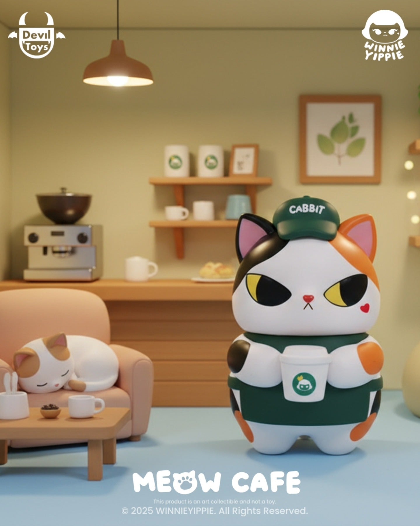 Latte - The Meow Café by Winnieyippie: A calico cabbit barista figure with a coffee cup, in a café scene, ideal for collectible toy enthusiasts.