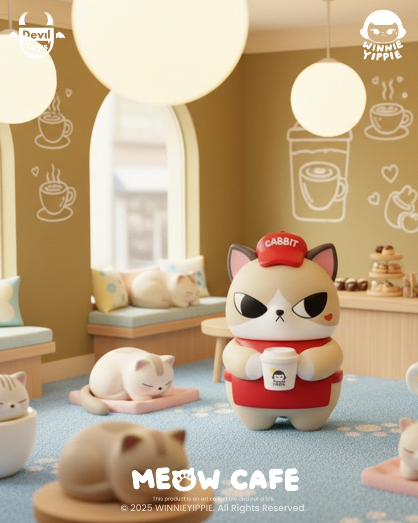 “Latte - The Meow Cafe by Winnieyippie” collectible figure in a café setting, featuring a chubby cat in uniform with coffee, surrounded by cozy feline details.