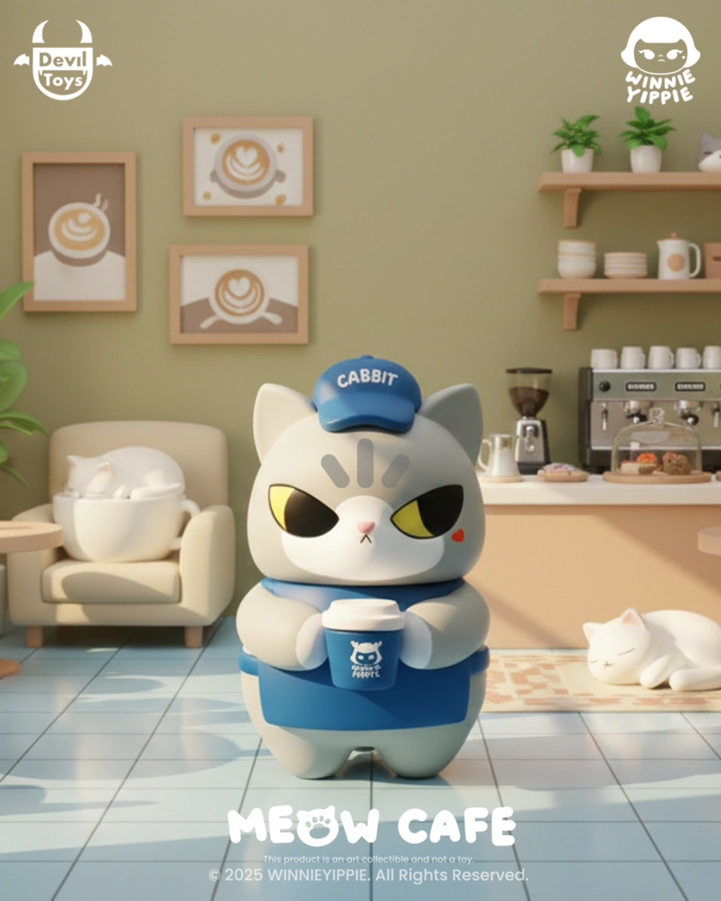 Latte - The Meow Cafe by Winnieyippie: A gray-and-white cat figure in café attire, holding a coffee cup, set in a cozy café scene.