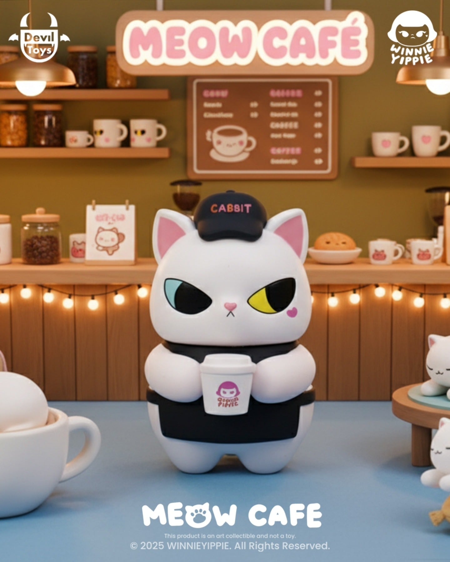 Latte - The Meow Cafe by WinnieYippie: A 10cm cabbit barista vinyl figure with heterochromatic eyes, holding a coffee cup, set in a café scene.