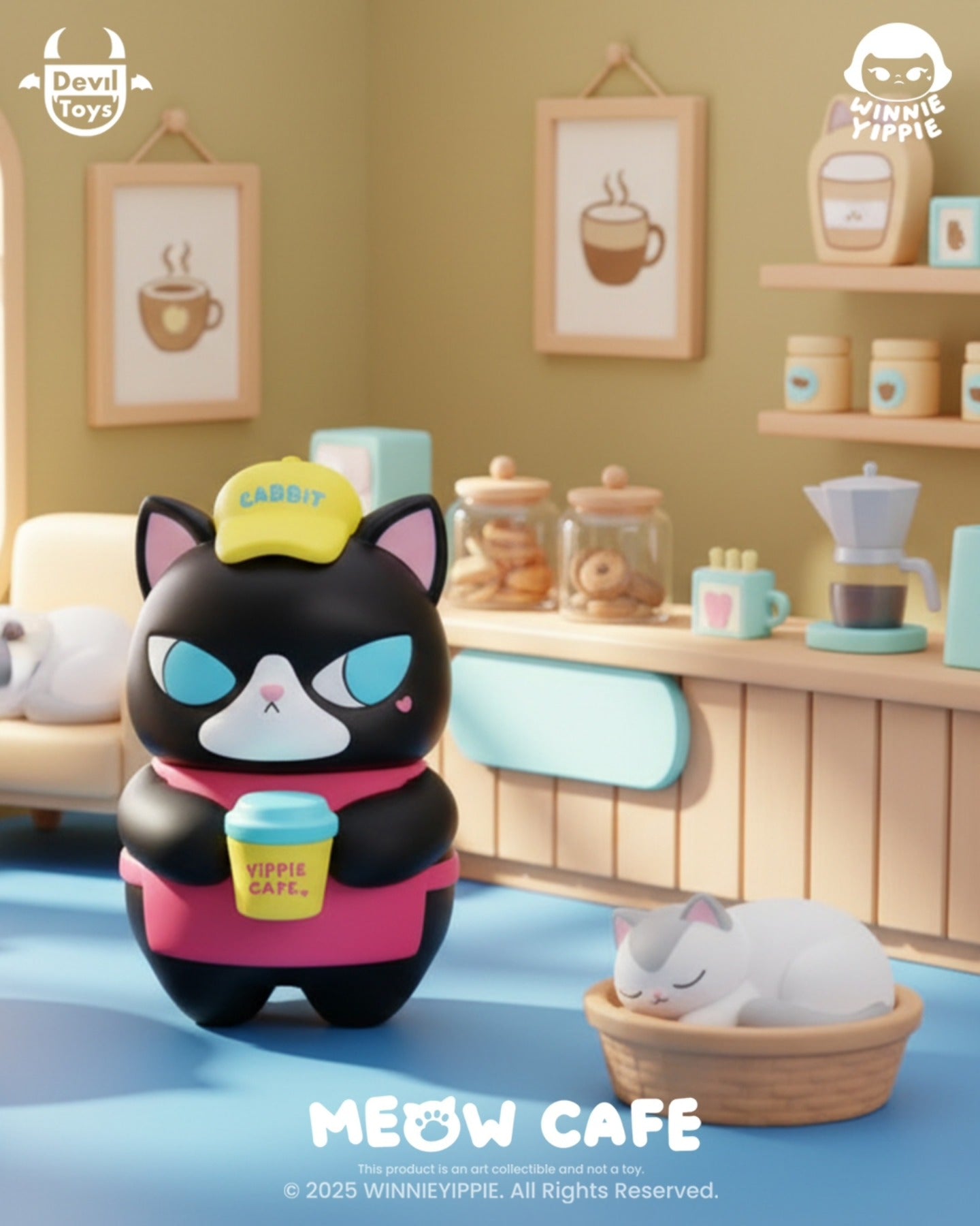 Latte - The Meow Cafe by Winnieyippie: A black cat barista figure with a yellow cap, pink apron, and takeaway cup, set in a cozy café scene.