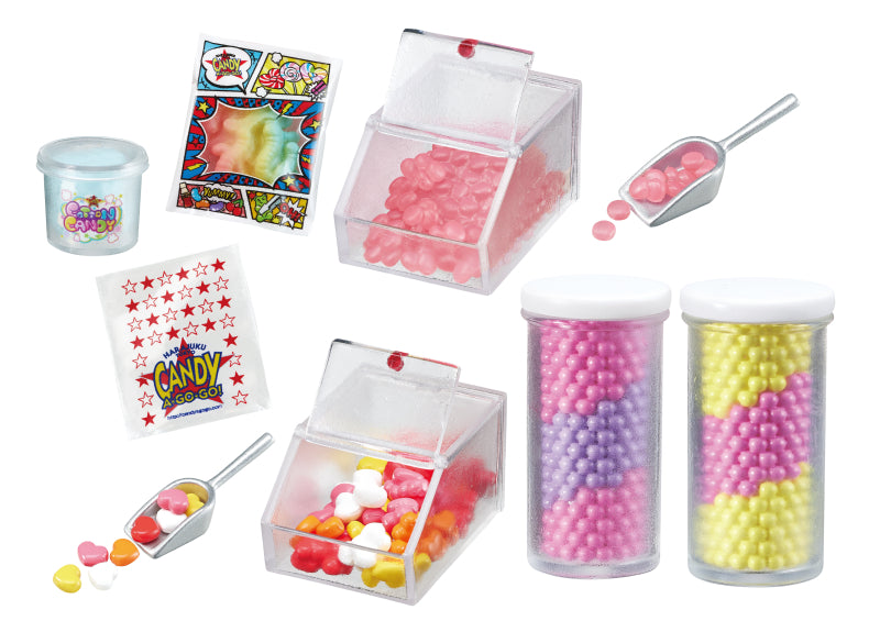Sweety! Happy! Candy SHOP CANDY A☆GO☆GO! Re-ment Blind Box Series featuring various candy-themed items in plastic containers and jars, highlighting a playful collectible design.