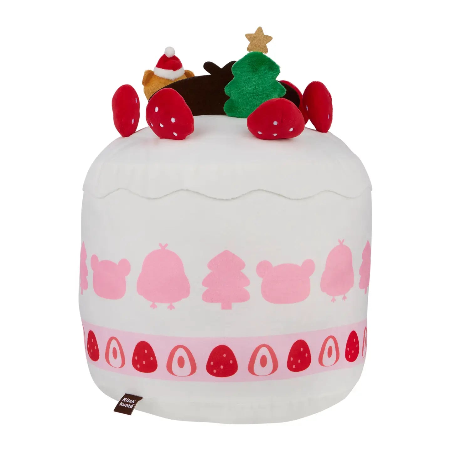 Kii Holiday Cake Plush, a whimsical ottoman styled as a strawberry-topped shortcake, featuring plush decorations like Santa bear and festive elements.