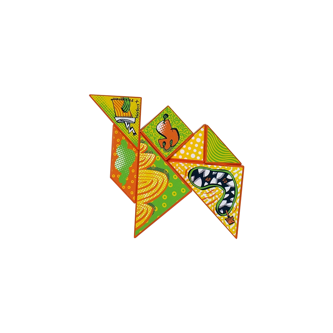 Art Pickagram 3D Puzzle X Artist_03 Mr. Walters: A vibrant tangram-style puzzle with animal-like shapes, featuring playful patterns and doodles, embodying Nerfect's whimsical art style.