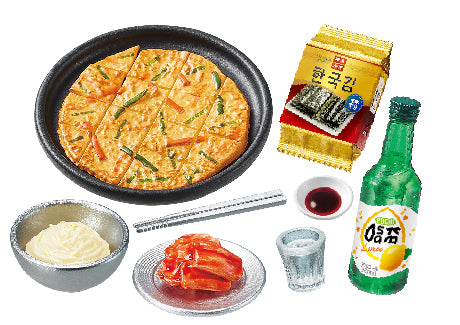 Neon and Romance: A Night at Korean Food Stalls Re-ment Blind Box Series, featuring a Korean snack spread with pajeon, soju, kimchi, and more.
