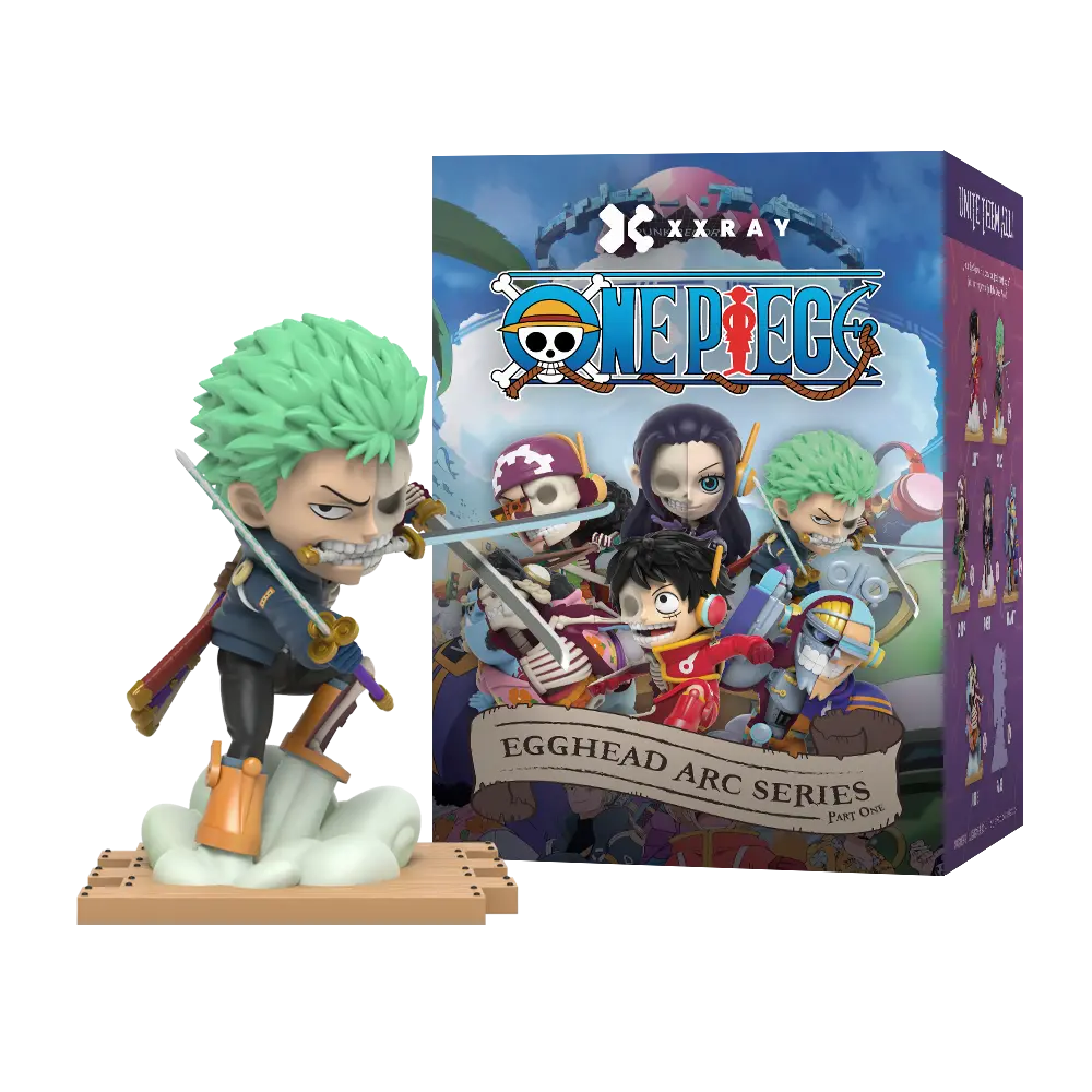 ONE PIECE x Jason Freeny Blind Box Series: Egghead Island (First Edition) featuring a chibi Roronoa Zoro figure with swords, on a cloud base, retail box visible behind.