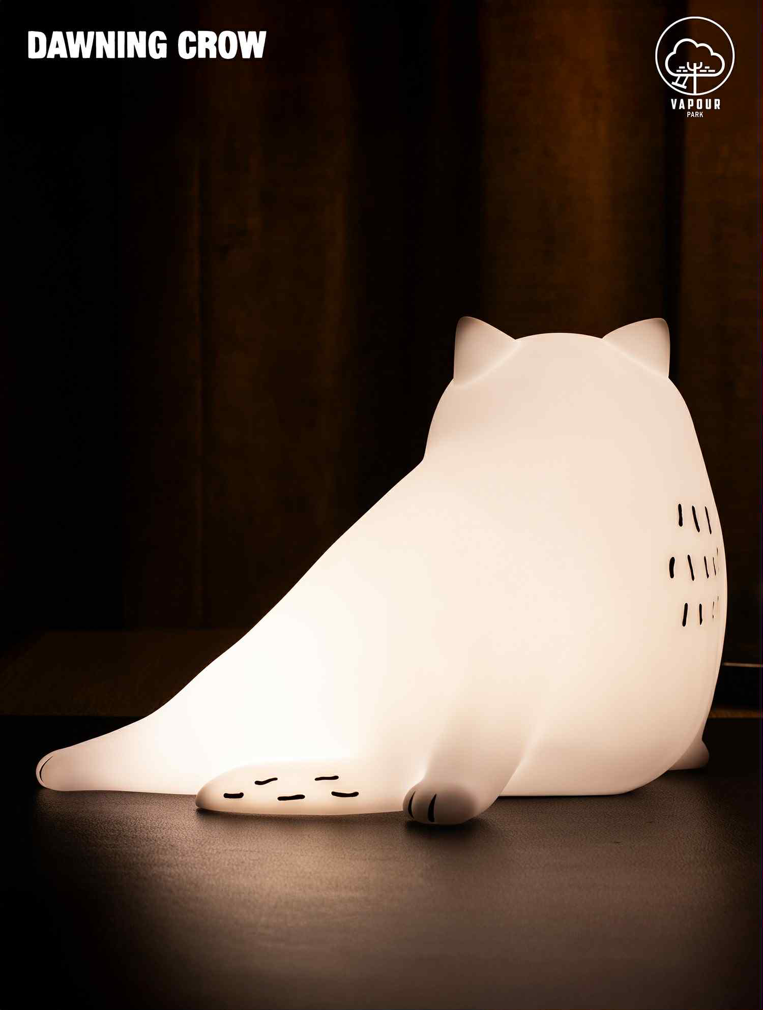 THE BIG WHITE CAT with LAMP by DAWNING CROW, a glowing animal lamp with simple black markings, available for preorder. 17cm tall, smooth PVC design.