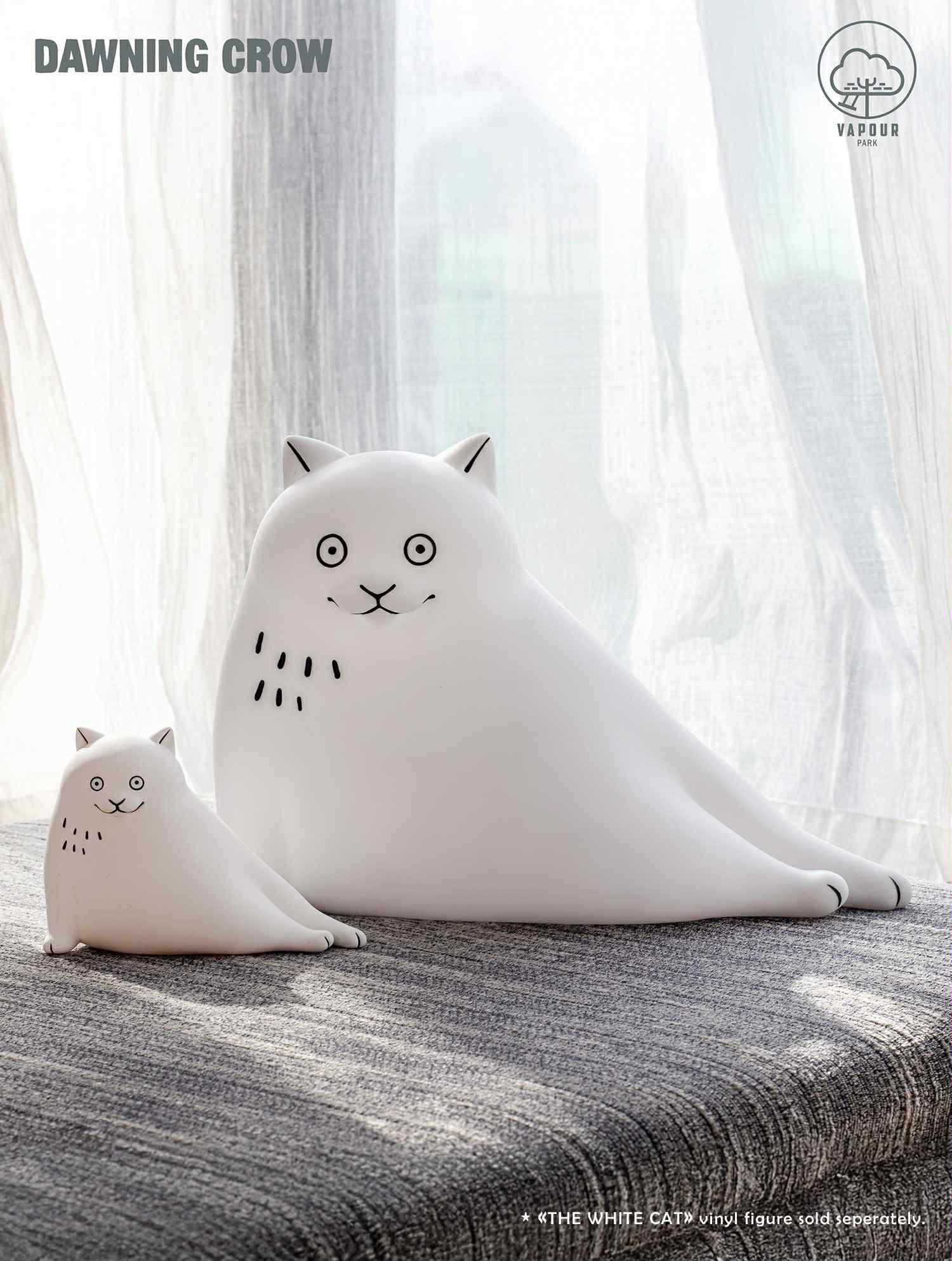 Two white, stylized vinyl cat figures by DAWNING CROW, THE BIG WHITE CAT with LAMP, available for preorder.
