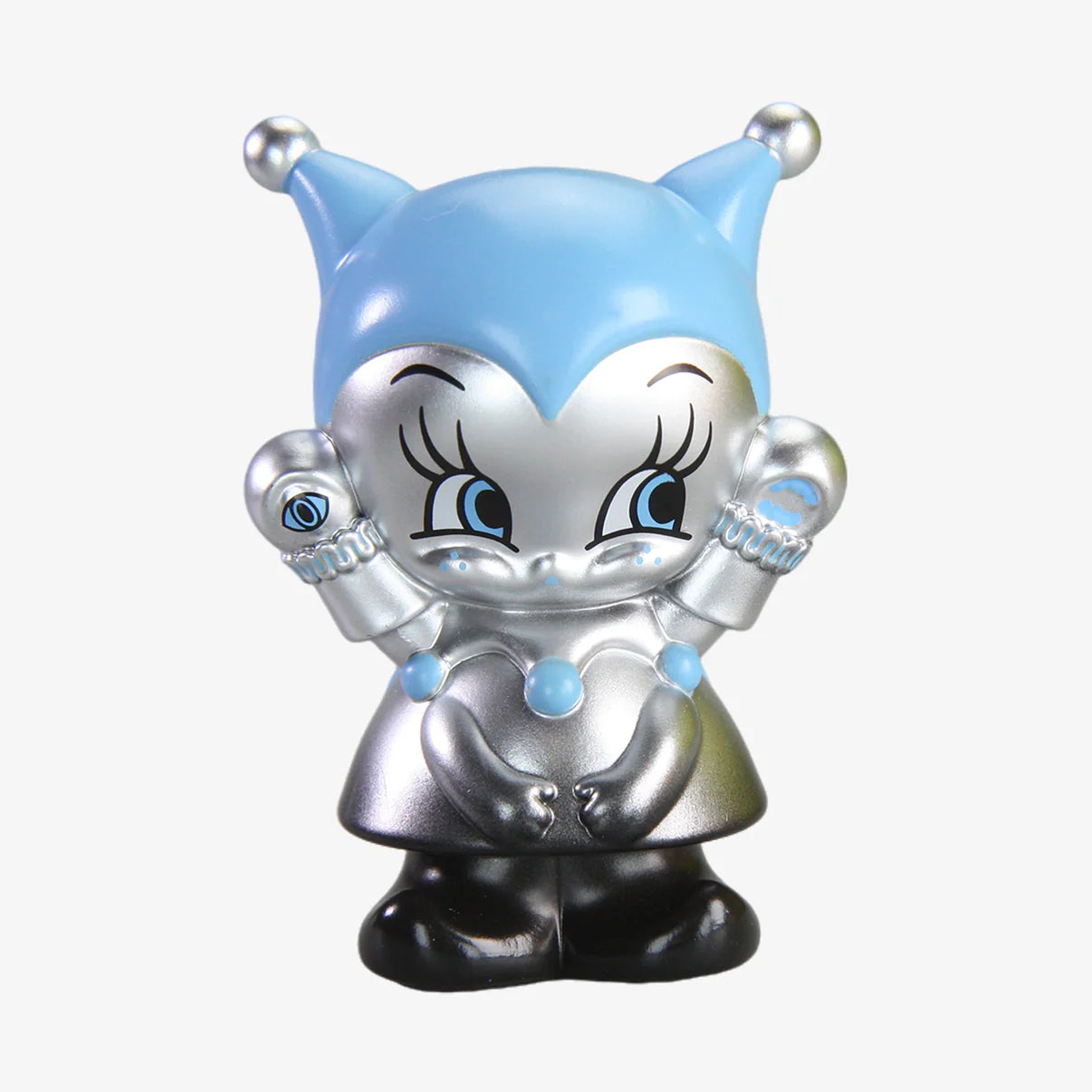 GRAPE BRAIN x ABAO BLINDBOX (SILVER AND BLUE) jester figurine with metallic body, oversized eyes, and folded hands, part of a collectible series.
