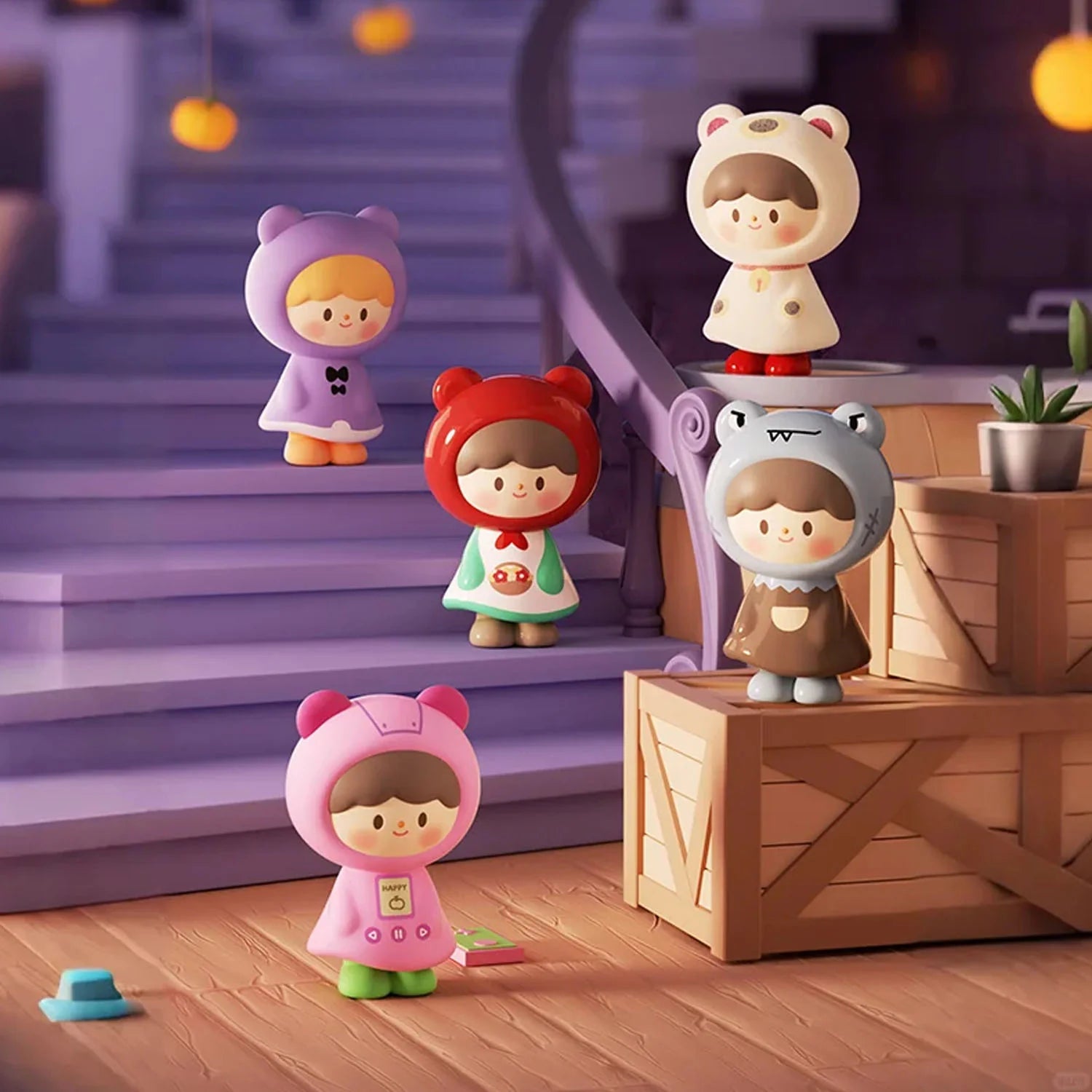 zZoton Joy In A Twist Uliuli Mini Series Blind Bag features five cartoon figures in animal-eared hoodies, highlighting collectible toy charm.