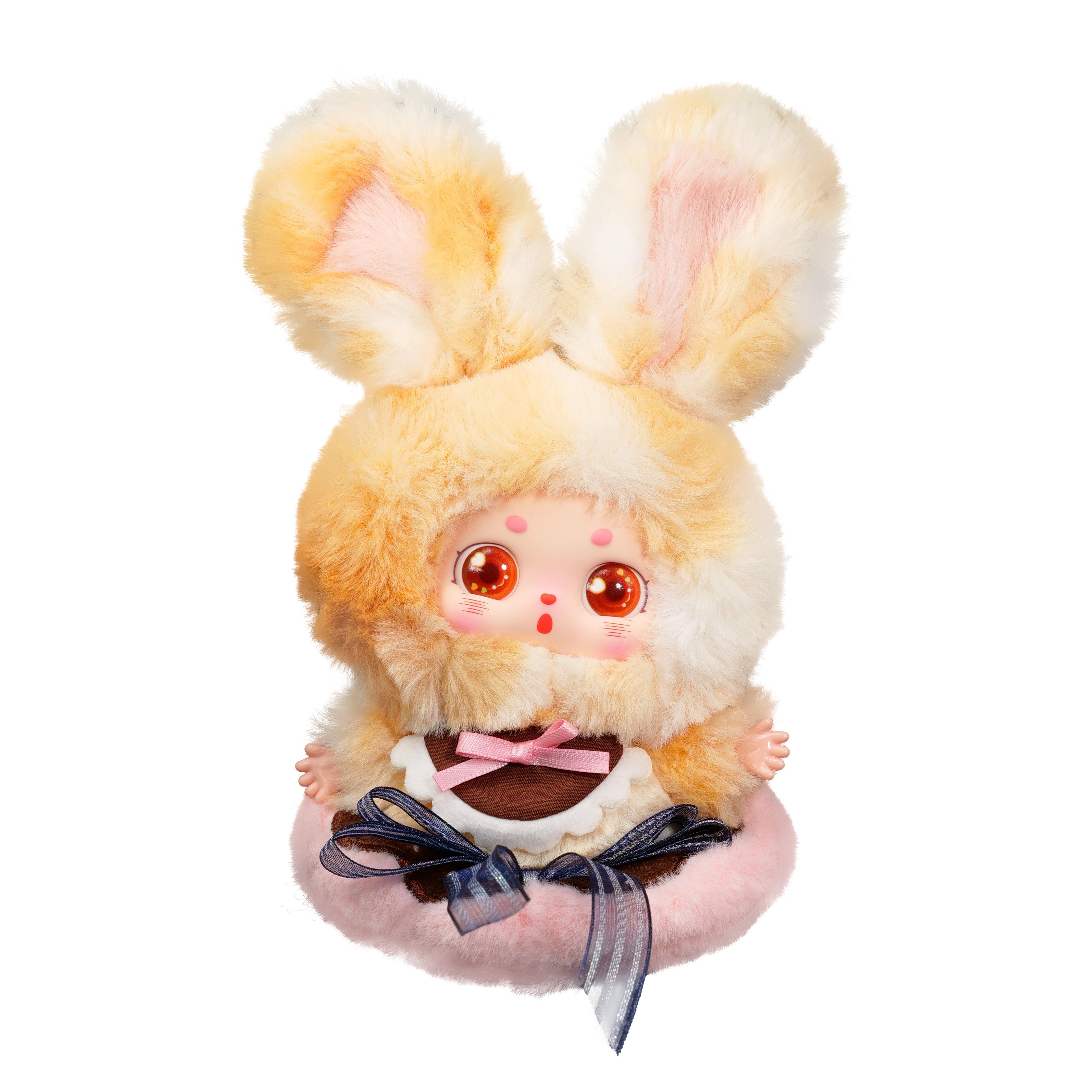 Kawaii-style plush doll, Baby Three - Little Fatty, in a pastel bunny costume with big eyes and a pink bow, pre-order available at Strangecat Toys.