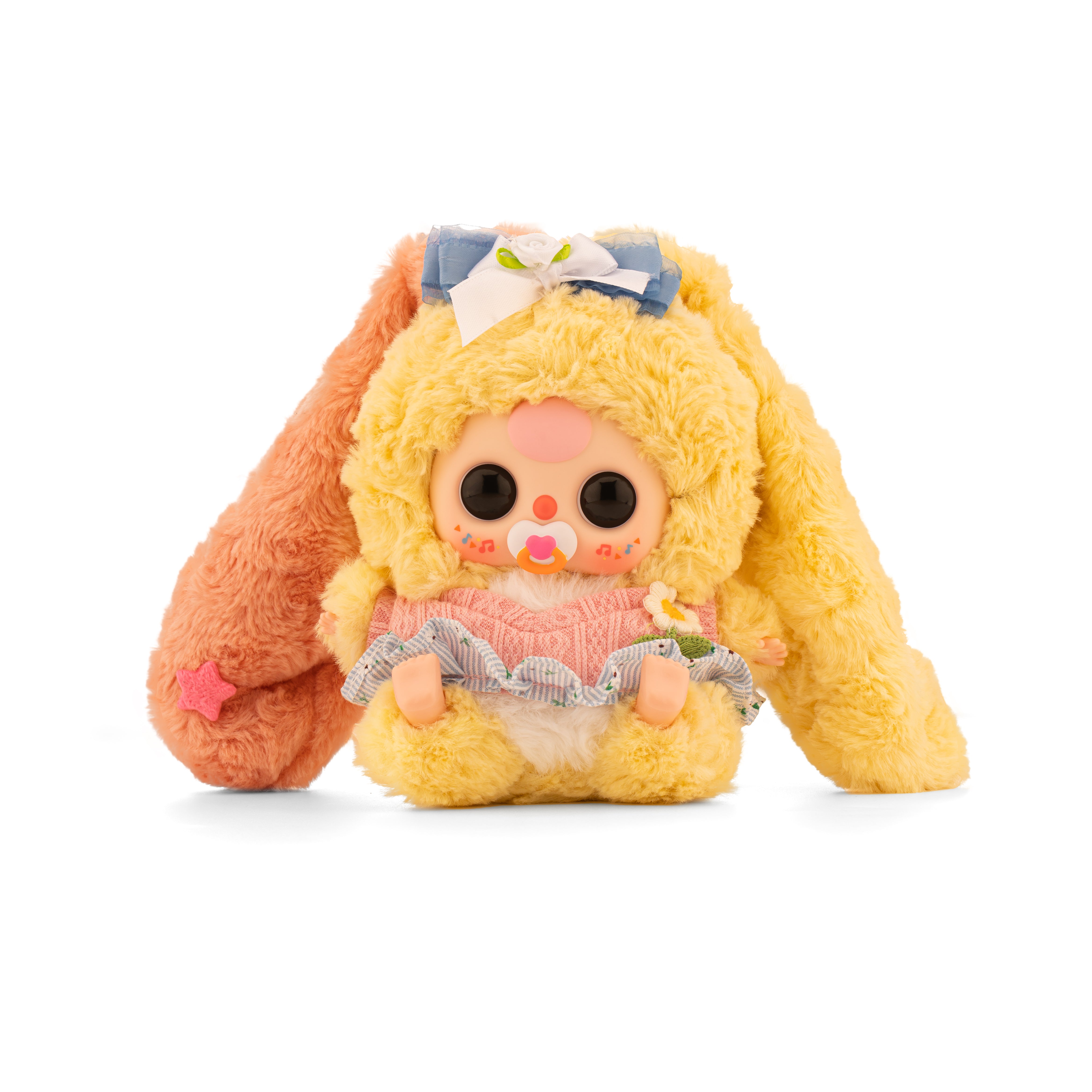 Baby Three - Lily Rabbit Town 4 plush toy with floppy ears, large eyes, knitted top, ruffled skirt, and a pacifier, ideal for collectible enthusiasts.