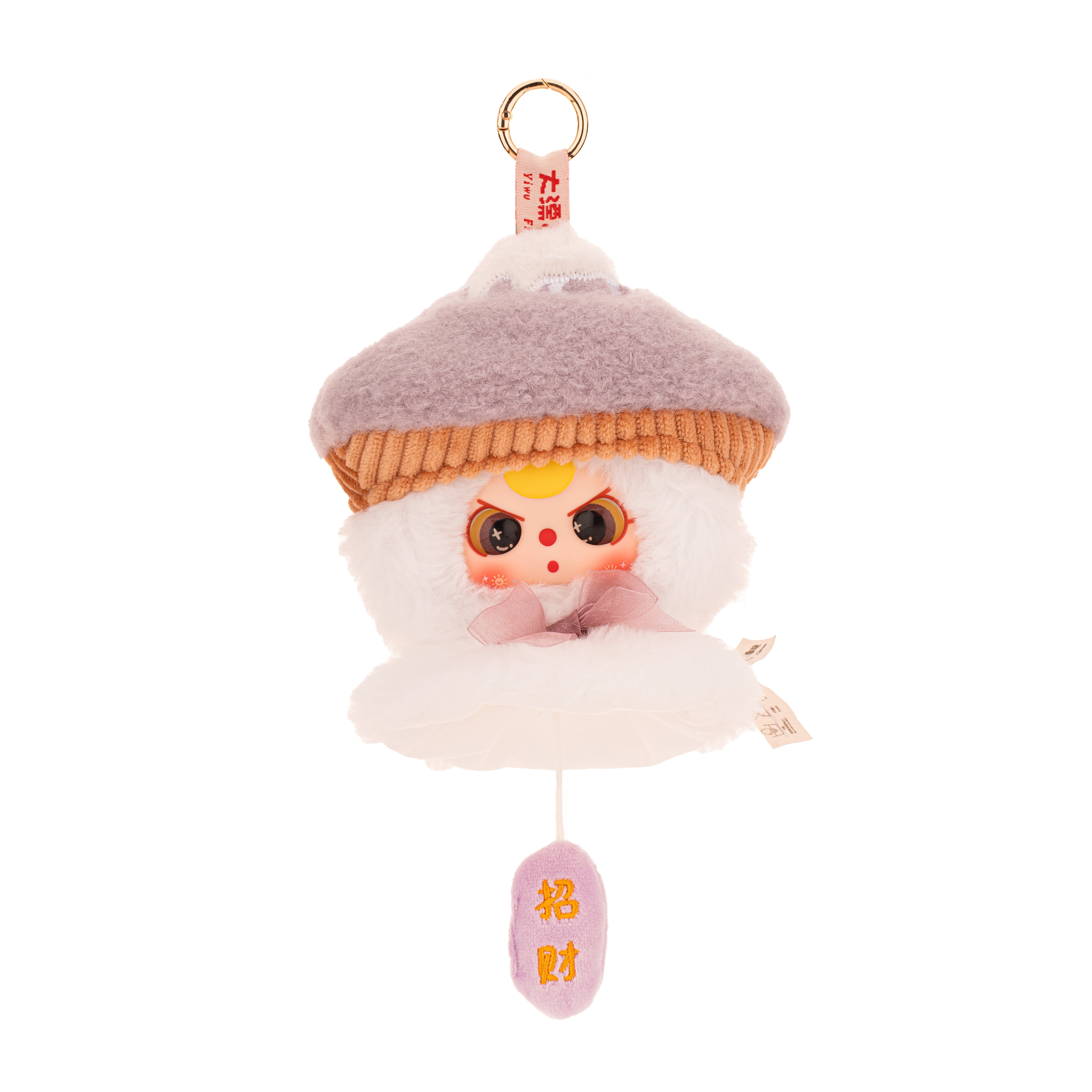 Baby Three - Sunny Doll plush key-chain featuring fluffy character, cartoon eyes, pink bow, and wealth-attracting tag; preorder from Strangecat Toys.
