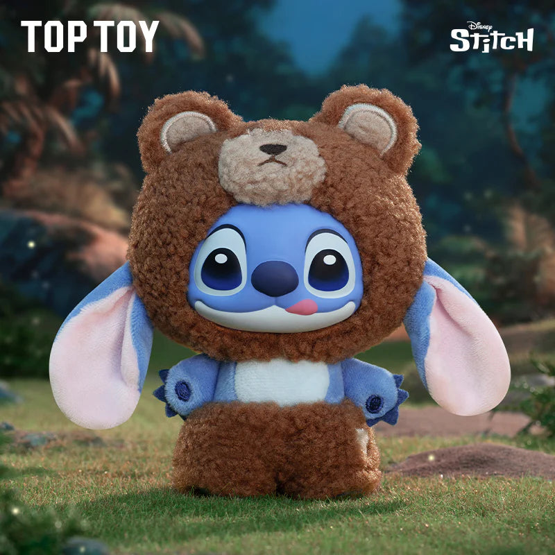 Stitch Wild Animal Series Plush Blind Box features Stitch in a bear costume, standing on grass in a forest. Preorder for Q4 2025 shipment.