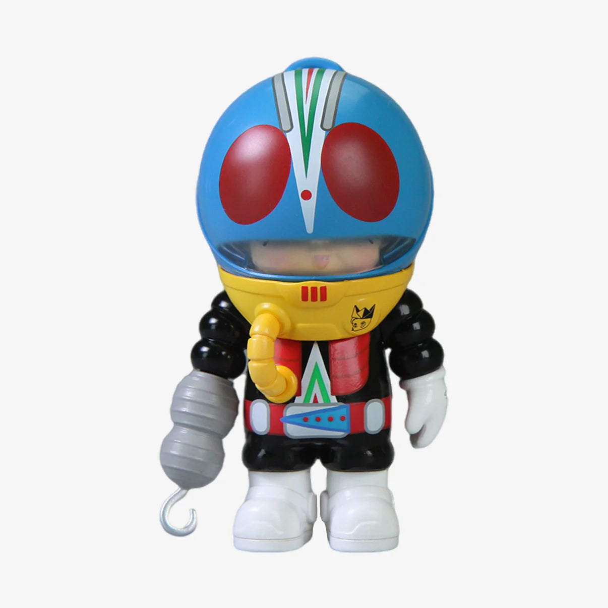 SAMSAM ADVENTURER X KAMEN RIDER BLIND BOX: Retro sci-fi astronaut-robot figurine with blue helmet, red visors, yellow hose, and mixed-color suit, featuring mechanical and gloved hands.