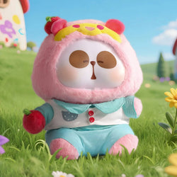MR. PA Animal's After-School Diaries Series Plush Blind Box 400% featuring a panda-like character in a pink hood, holding a red fruit.