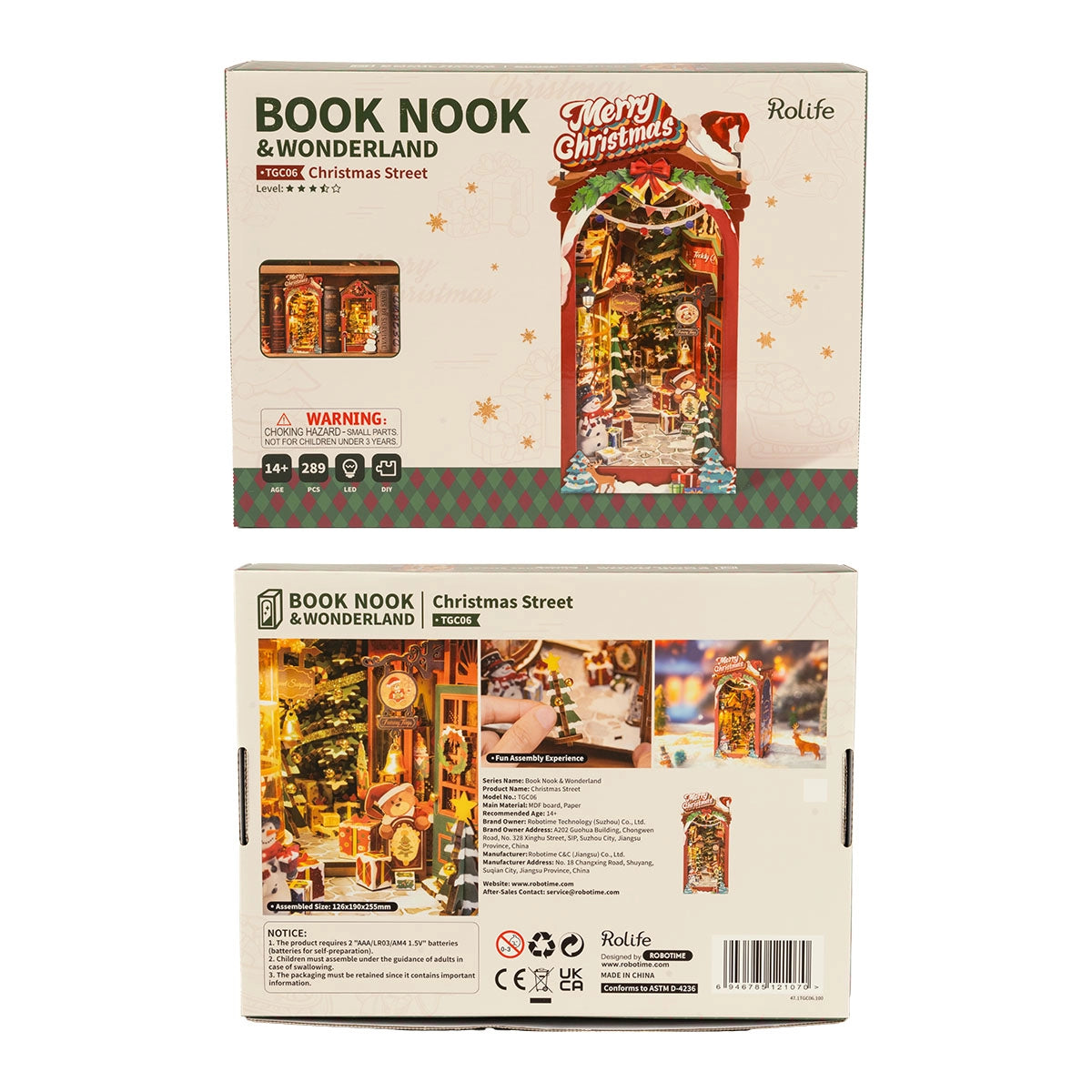 Rolife DIY Book Nook Insert - Christmas Street TGC06: A 289-piece kit for creating an LED-lit holiday diorama, featuring shops and gifts, ideal for ages 14+.