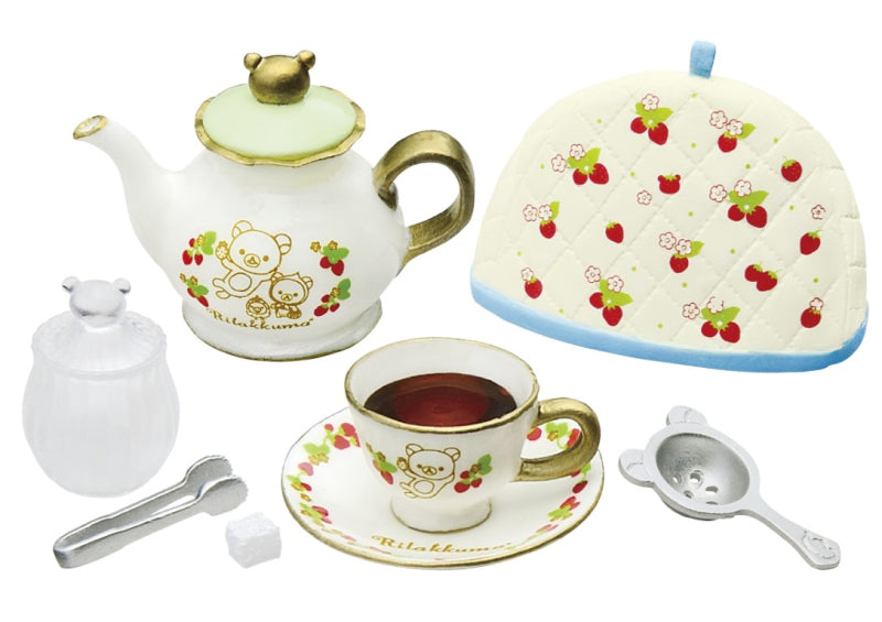 Rilakkuma Longing British Tea Time Re-ment Blind Box Series featuring a detailed teapot and teacups with a bear design, part of an 8-design collection.