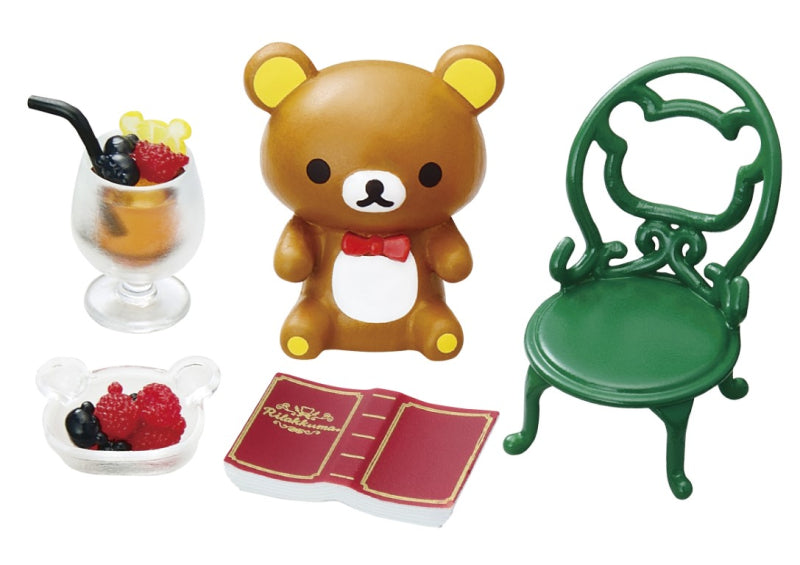 Rilakkuma Longing British Tea Time Re-ment Blind Box Series featuring a toy bear and green chair, part of an 8-design collectible set.