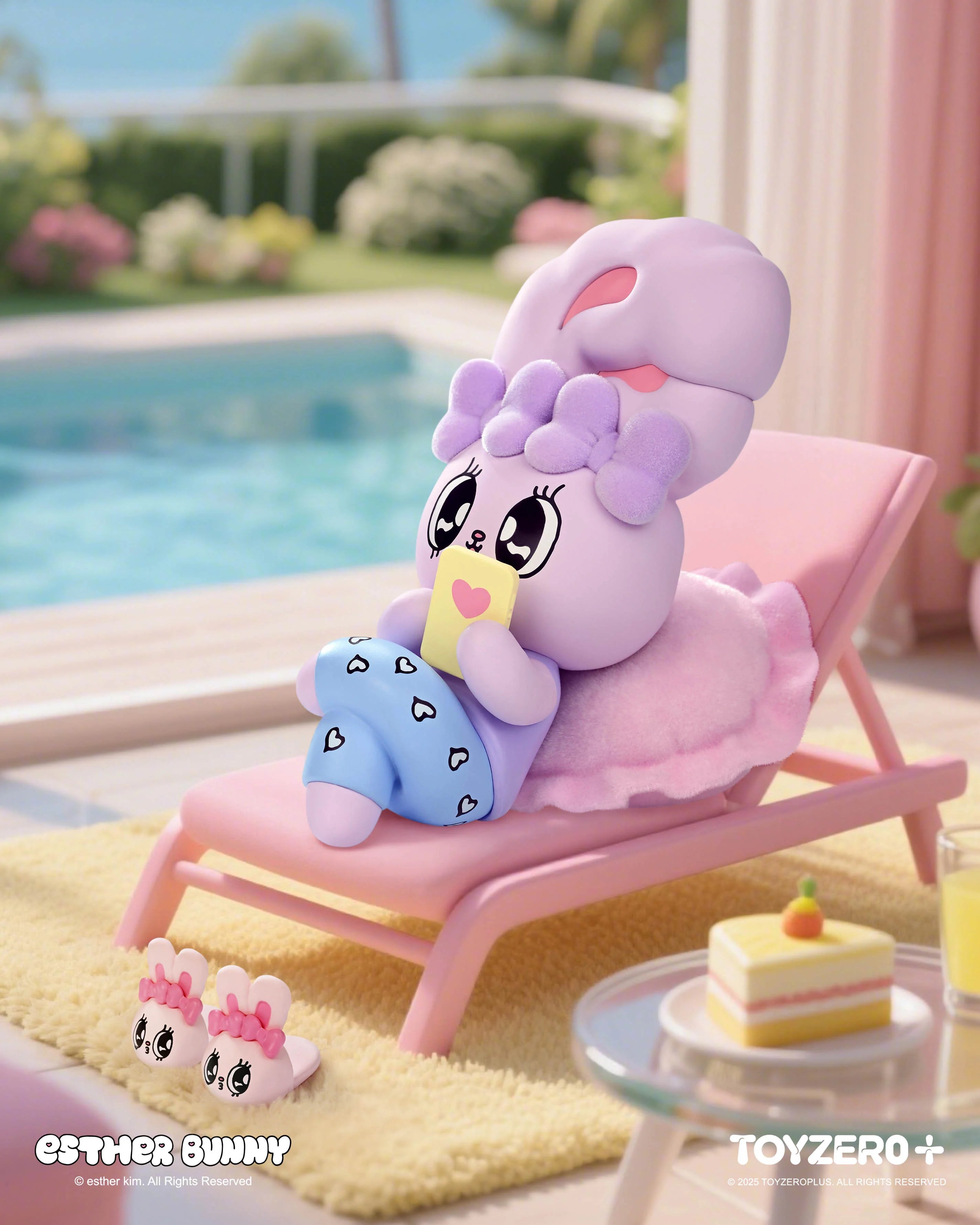 Esther Bunny reclines with phone on a lounger, surrounded by poolside accessories in the Holiday Vibe Series Blind Box - Preorder.