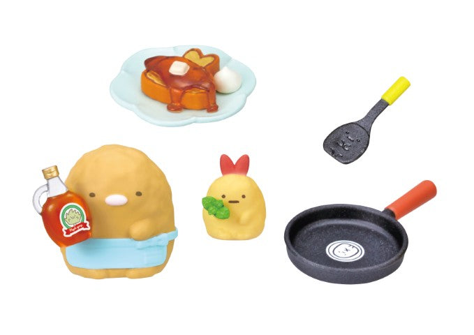 Sumikkogurashi Sweets Cooking Together Re-ment Blind Box Series features kawaii characters and breakfast play set with pancakes, syrup, frying pan, and spatula.