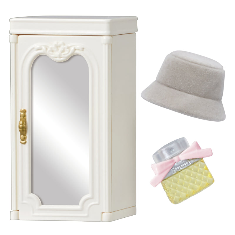 Dollhouse items from the My Sweet Closet Re-ment Blind Box Series: an ornate cabinet, a bucket hat, and a perfume bottle.