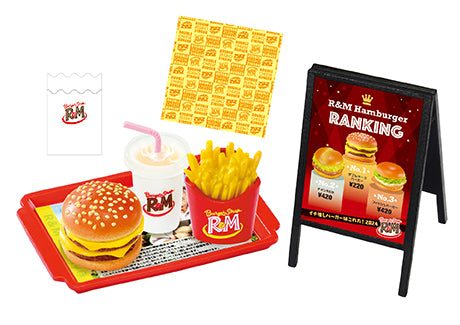 Burger Shop R&M Re-ment Blind Box Series featuring a tray with a cheeseburger, drink, and fries, alongside a menu and hamburger sign.