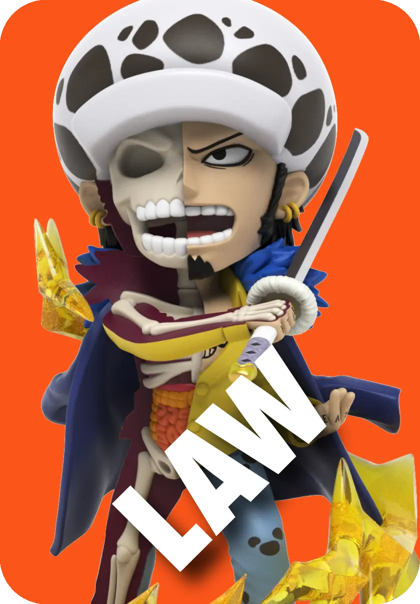 FREENY'S HIDDEN DISSECTIBLES: ONE PIECE WANO ARC EDITION figurine featuring a cartoon character with a skull, white hat, and sword in Jason Freeny's dissected style.