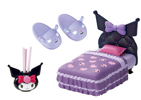 Kuromi's Gothic Room - Re-ment Blind Box Series featuring a bed with themed bedding, slippers, and a pencil holder.