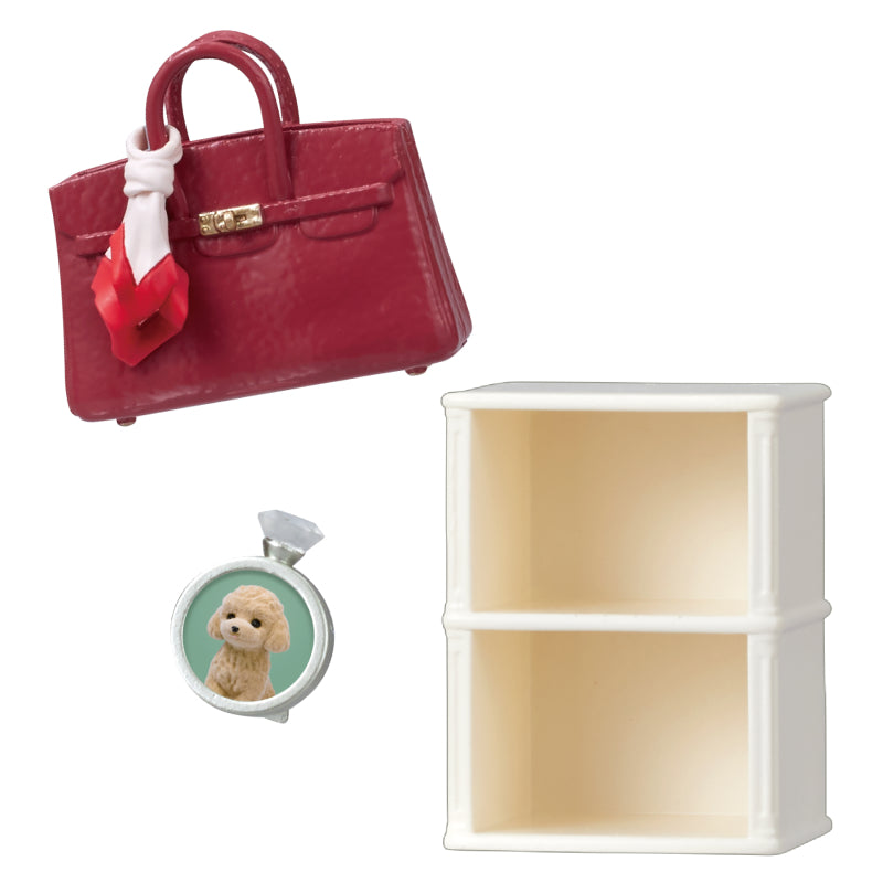 My Sweet Closet Re-ment Blind Box Series: features a red handbag, cream shelving unit, and silver puppy pendant, reflecting Strangecat Toys' collectible art toy essence.