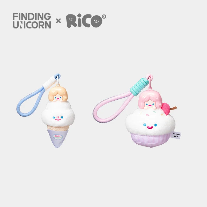 FINDING UNICORN RiCO Dessert Party Plush Aromatherapy Blind Box features a doll-head ice-cream cone and a cupcake keychain charm, ideal for collectors.