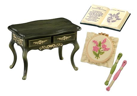 Grandma's Sewing Room Re-ment Blind Box Series features a miniature sewing scene with a side table, embroidery setup, and thread skeins.
