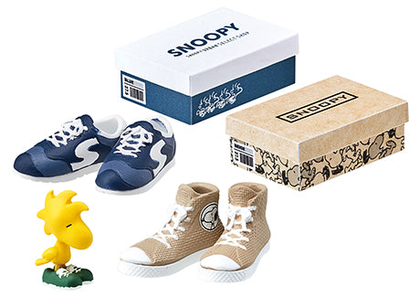 SNOOPY URBAN SELECT SHOP Re-ment Blind Box Series featuring varied shoe designs and a cartoon-themed box from Strangecat Toys.