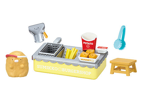 Sumikogurashi Burger Shop Re-ment Blind Box Series featuring toy food set with fryer, fries, and drink, ideal for collectors of themed art toys.