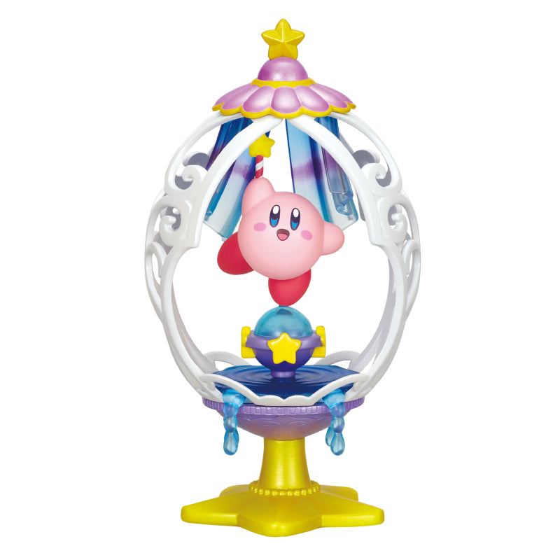 Kirby of the Stars Ovaltique Collection ornament features Kirby mid-air hanging from a star-topped canopy, with a globe and star-shaped pedestal.