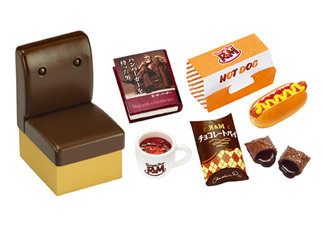 Burger Shop R&M Re-ment Blind Box Series featuring a toy chair and a hot dog with mustard and ketchup, part of an 8-design collection.