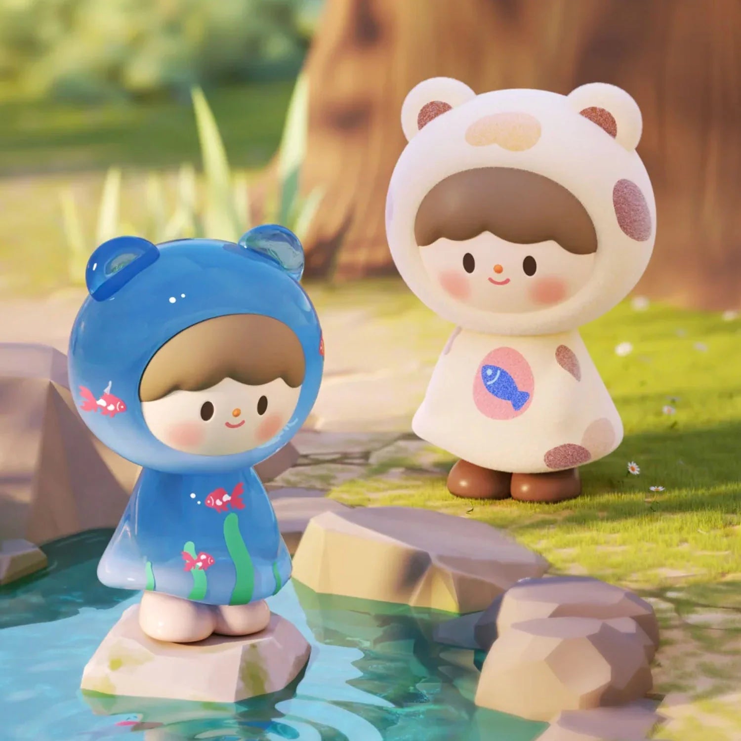 Chibi figures in bear-ear hooded outfits from zZoton Joy In A Twist Uliuli Mini Series Blind Bag, standing by a pond in a stylized 3D scene.