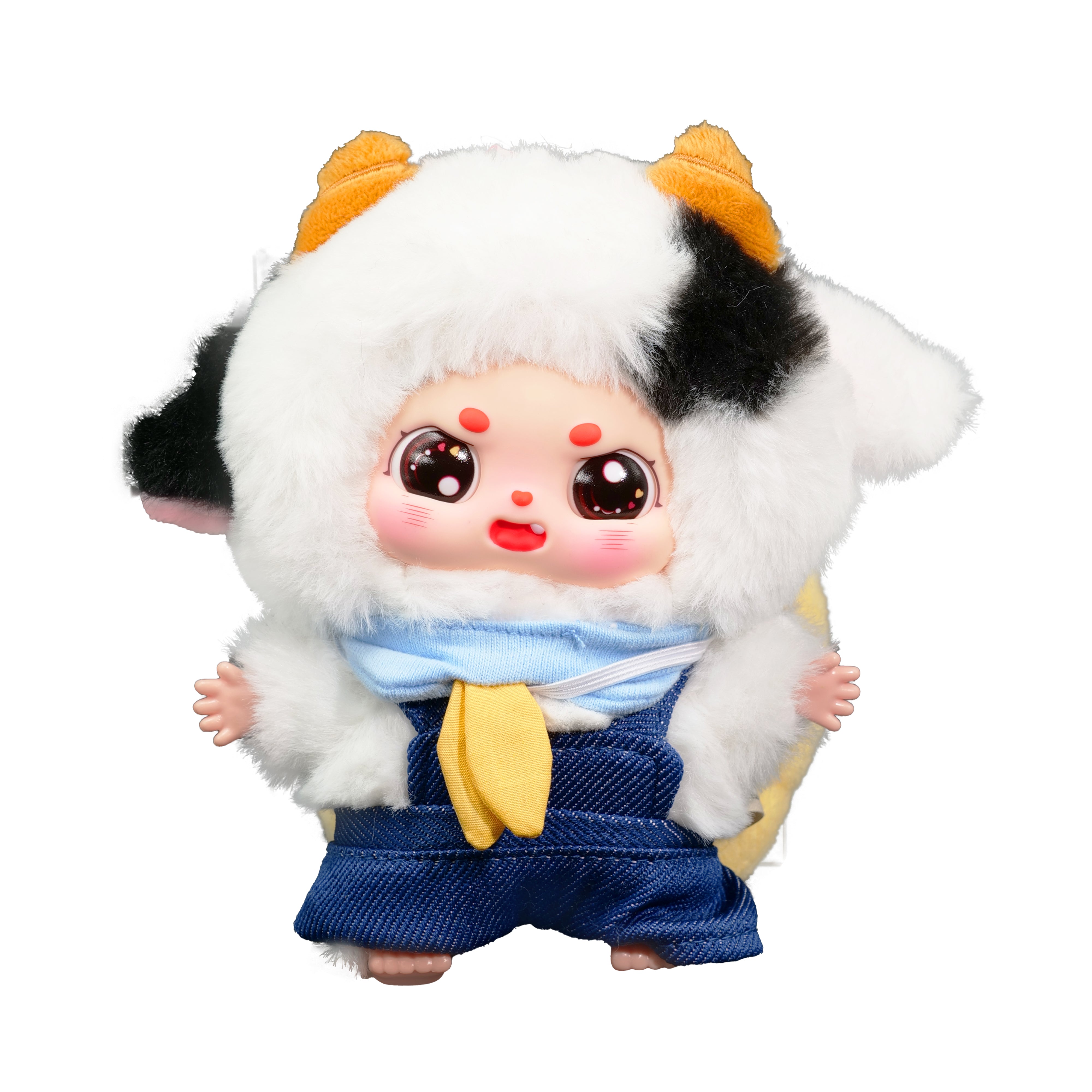 Baby Three - Little Fatty toy doll in cow headgear, blue scarf, denim overalls, pre-order for Strangecat Toys' blind box collection.