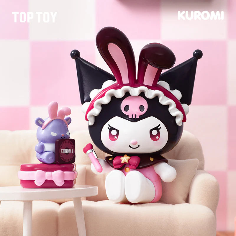 Kuromi Sparking Idol Series Blind Box figure on sofa with bunny and a gift box, showcasing collectible toy line for preorder from Strangecat Toys.