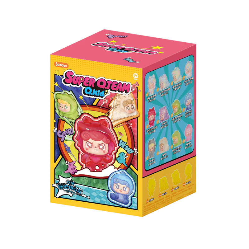 Q. Kid Super Q. Team Mini Series box featuring cartoon characters, each a blind box surprise from Strangecat Toys, shipping August 2025.