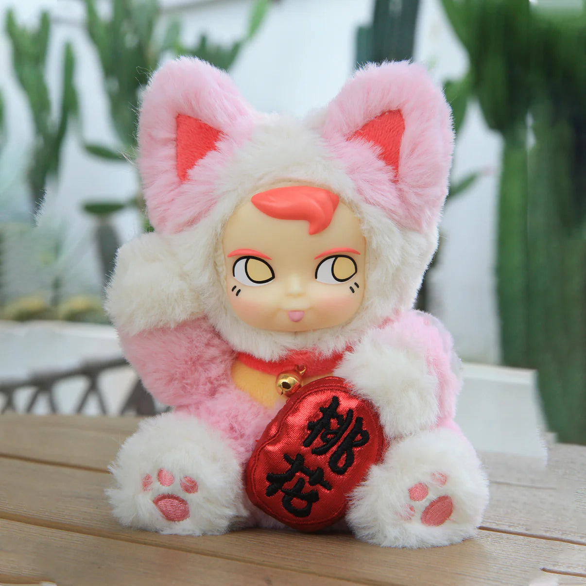 SAMSAM FORTUNE CAT PLUSH Blind Box: A plush figure as a lucky cat with a red medallion, cartoon face, and paw prints, embodying wealth attraction.