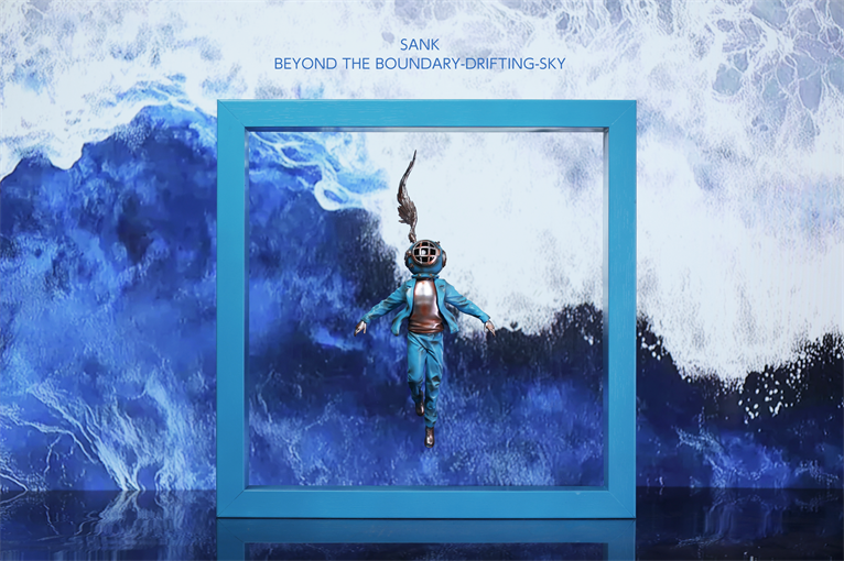 Sank-Beyond the Boundary-Drifting-Sky: Surreal turquoise frame with a floating figure in a diving helmet, suggesting maritime boundary themes. Preorder limited edition resin art toy.