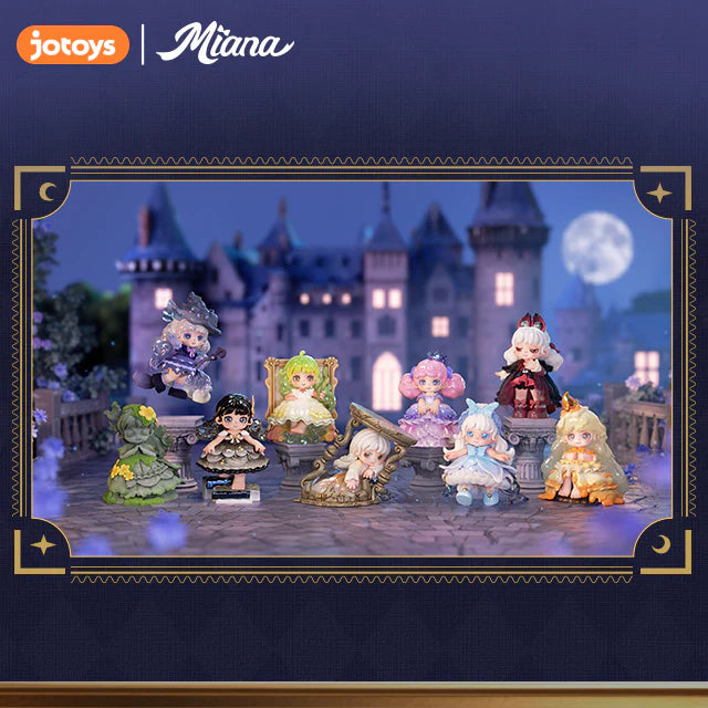 Miana The Sleeping Castle Series Blind Box featuring chibi fantasy figurines displayed against a castle backdrop, includes 8 designs, possibly featuring 1 secret variant.